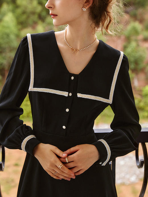 欧芮儿黑色连衣裙女春秋2021新款收腰显瘦法式小香风翻领a字裙子 商品图1