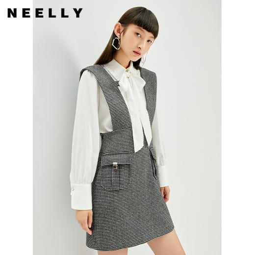 NEELLY纳俪千鸟格背带裙女羊毛A字裙秋冬内搭减龄小个子百搭显高N21101Y01027 商品图1