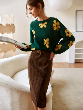 欧芮儿咖色半身裙2021春秋新款高腰显瘦气质复古中长款开叉a字裙