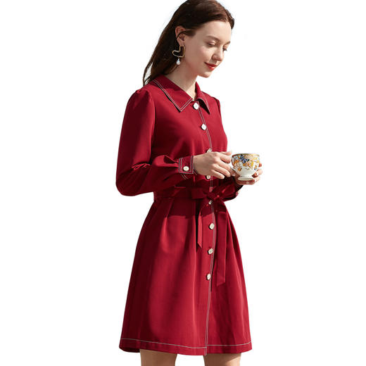 欧芮儿红色衬衫领连衣裙女2021秋冬中长裙 商品图3