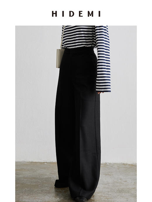 HIDEMI 黑色斜纹羊毛厚款阔腿裤 商品图4