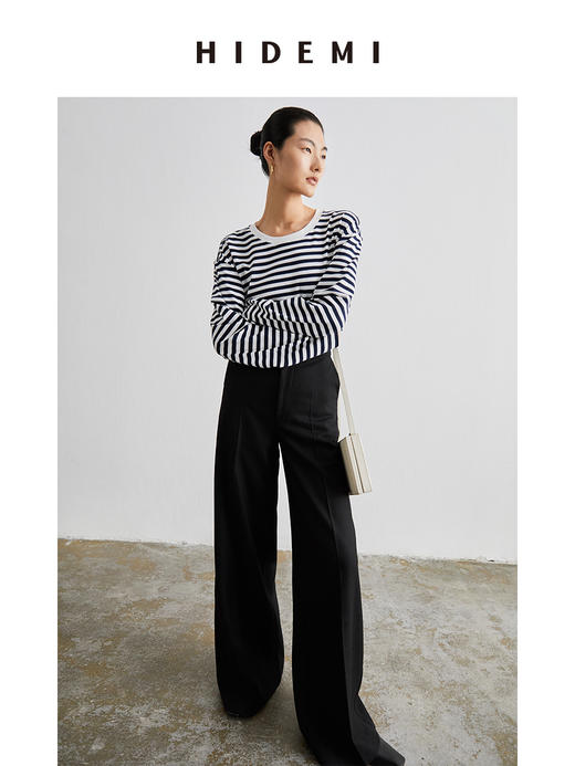 HIDEMI 黑色斜纹羊毛厚款阔腿裤 商品图10