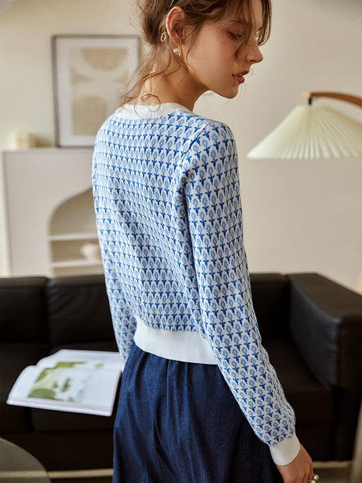 欧芮儿2021春秋新款蓝色针织衫毛衣女圆领时尚外穿开衫外套早秋 商品图3