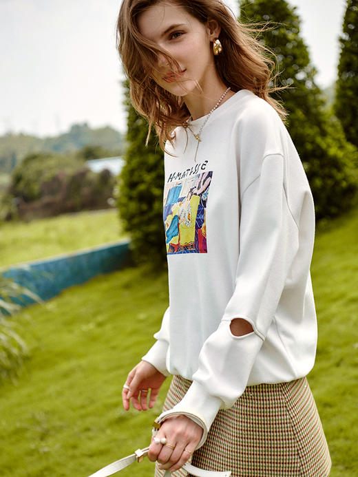 欧芮儿圆领卫衣女新款2021宽松显瘦小个子炸街长袖白色上衣 商品图1