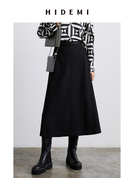 HIDEMI 黑色斜纹羊毛厚款半身裙 商品图2