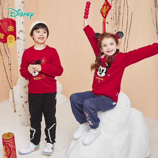 迪士尼米奇米妮卡通男女儿童宝宝新年红周岁本命年针织毛衣 商品图0