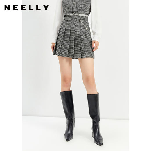 NEELLY纳俪商场同款半身裙女2021新款千鸟格高腰百褶裙羊毛A字裙 商品图1