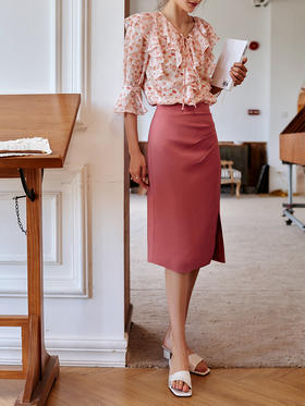 欧芮儿砖红色半身裙女2021新款高腰显瘦不规则褶皱开叉直筒裙