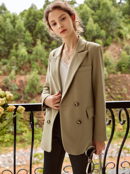 欧芮儿西装外套女新款2021时尚黑色休闲气质收腰双排扣大衣 商品图1