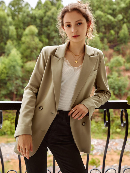 欧芮儿西装外套女新款2021时尚黑色休闲气质收腰双排扣大衣 商品图0