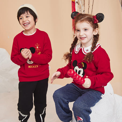 迪士尼米奇米妮卡通男女儿童宝宝新年红周岁本命年针织毛衣 商品图2