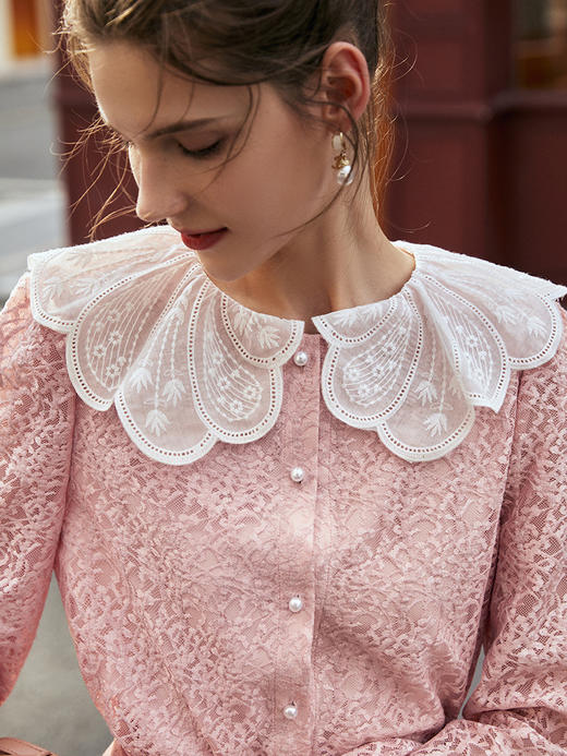 欧芮儿长袖雪纺蕾丝衫女新款2021宽松洋气法式设计感小众上衣 商品图2