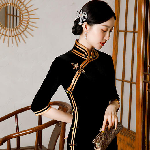 上海旗袍厂GSJ-372新款金丝绒旗袍复古改良款连衣裙红色长裙敬酒礼服 商品图4