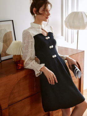 欧芮儿黑色连衣裙女春秋2021新款高腰显瘦气质中国风蕾丝拼接裙子