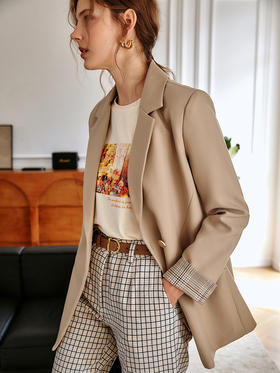 欧芮儿卡其色西装外套女新款2021宽松显瘦气质通勤设计感上衣