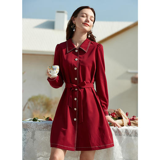 欧芮儿红色衬衫领连衣裙女2021秋冬中长裙 商品图2