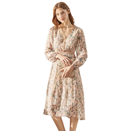 欧芮儿蕾丝拼接V领碎花连衣裙2021秋显瘦裙 商品图2