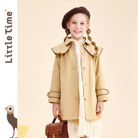 littletime女童中长款风衣 2021冬季新款简约绣花大翻领卡其外套