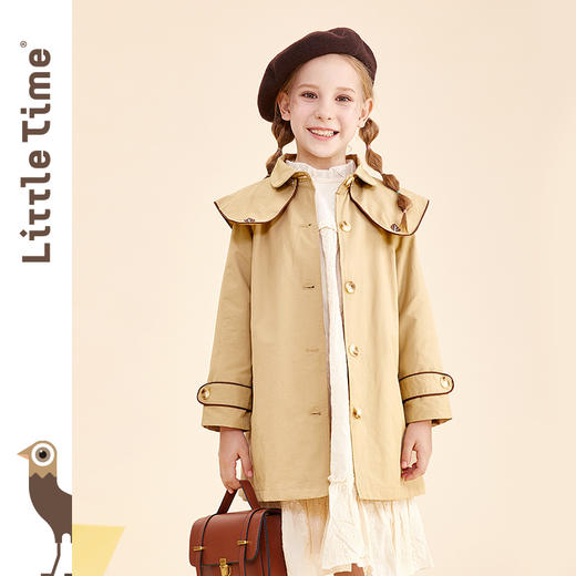 littletime女童中长款风衣 2021冬季新款简约绣花大翻领卡其外套 商品图0