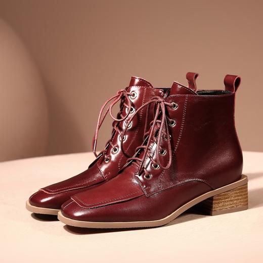 TJXY-XF8176    秋冬新款复古真皮方头粗跟骑士靴侧拉链时尚气质舒适百搭低跟靴 商品图4