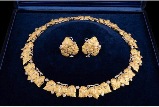 独角鹿西洋古董意大黄金白金镶嵌钻石树叶型项链耳夹耳钉耳环套装 商品图3