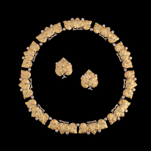 独角鹿西洋古董意大黄金白金镶嵌钻石树叶型项链耳夹耳钉耳环套装 商品图0