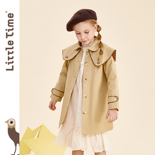littletime女童中长款风衣 2021冬季新款简约绣花大翻领卡其外套 商品图1