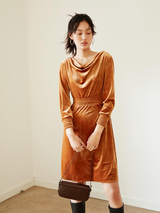 HeyDress焦糖色丝绒连衣裙女年会礼服裙秋法式复古高腰中长款裙子 商品图0