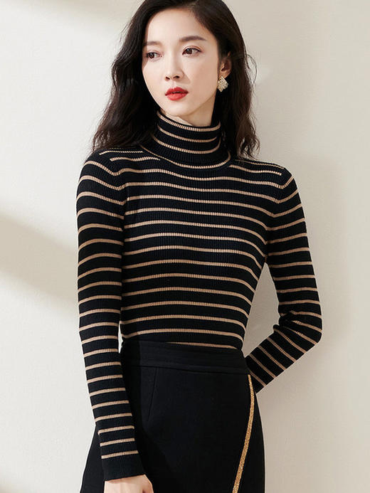C位条纹针织衫 复古黑棕条纹 米思阳2025秋冬新款针织衫修身高圆领长袖毛衣女2541 商品图2
