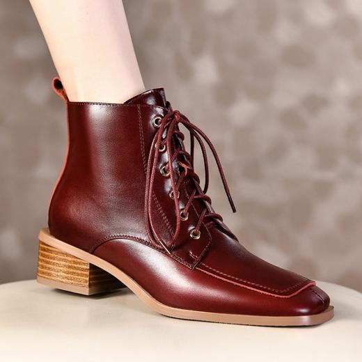 TJXY-XF8176    秋冬新款复古真皮方头粗跟骑士靴侧拉链时尚气质舒适百搭低跟靴 商品图3