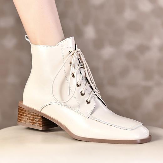 TJXY-XF8176    秋冬新款复古真皮方头粗跟骑士靴侧拉链时尚气质舒适百搭低跟靴 商品图6