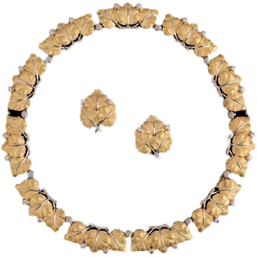 独角鹿西洋古董意大黄金白金镶嵌钻石树叶型项链耳夹耳钉耳环套装 商品图4