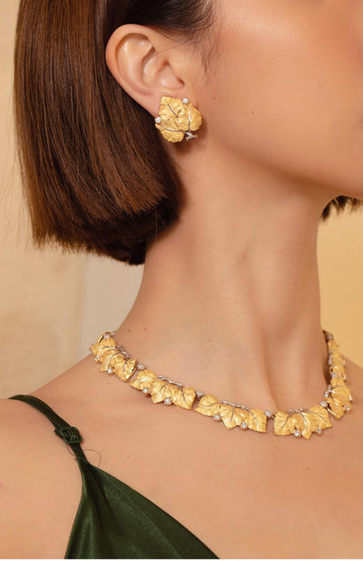 独角鹿西洋古董意大黄金白金镶嵌钻石树叶型项链耳夹耳钉耳环套装 商品图1