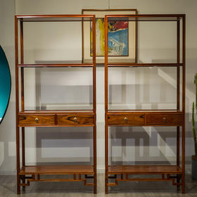 红木全敞式三层带屉架格（一对）