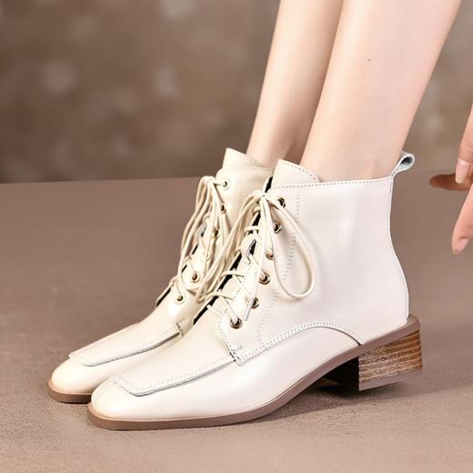 TJXY-XF8176    秋冬新款复古真皮方头粗跟骑士靴侧拉链时尚气质舒适百搭低跟靴 商品图5