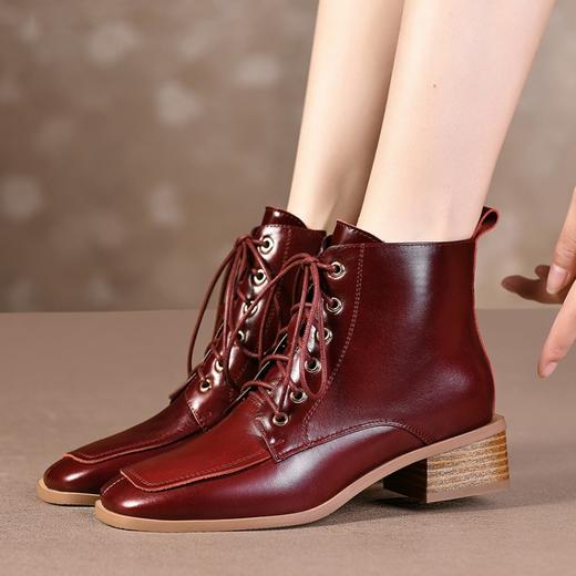 TJXY-XF8176    秋冬新款复古真皮方头粗跟骑士靴侧拉链时尚气质舒适百搭低跟靴 商品图2