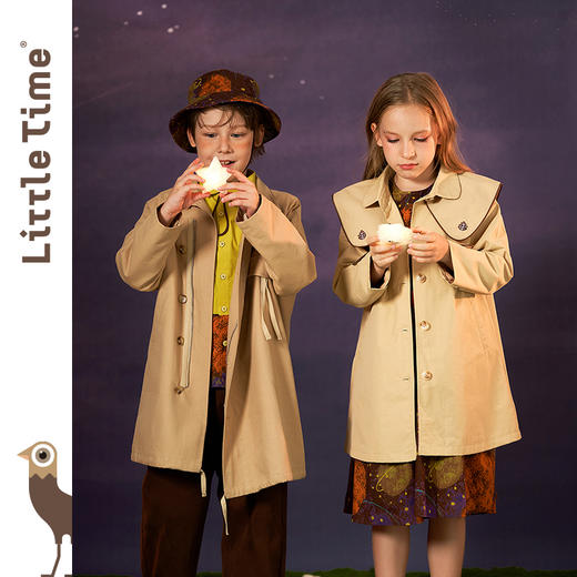 littletime女童中长款风衣 2021冬季新款简约绣花大翻领卡其外套 商品图2