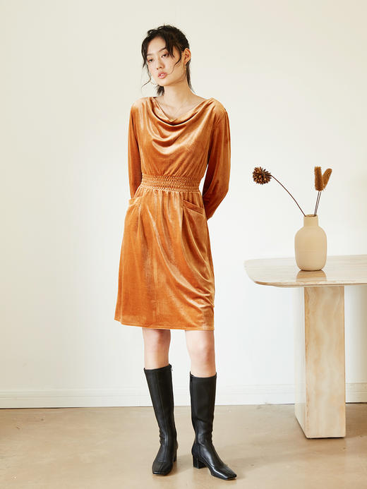HeyDress焦糖色丝绒连衣裙女年会礼服裙秋法式复古高腰中长款裙子 商品图3