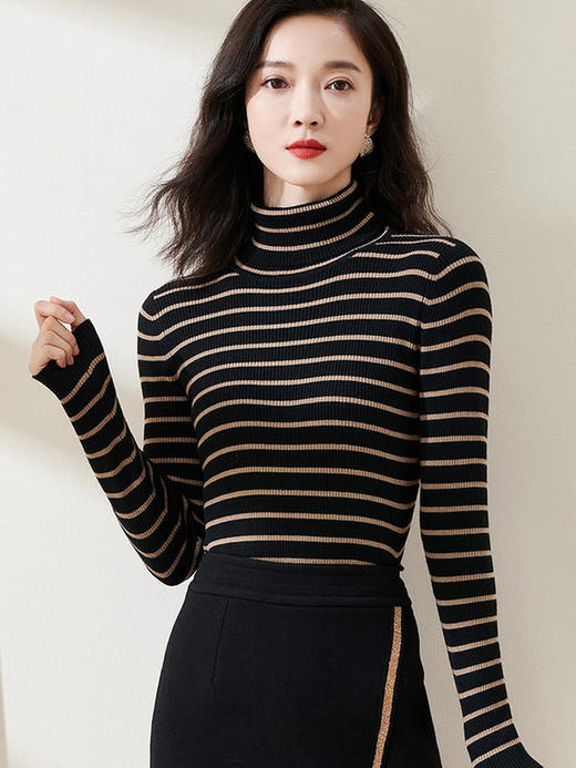 C位条纹针织衫 复古黑棕条纹 米思阳2025秋冬新款针织衫修身高圆领长袖毛衣女2541 商品图1