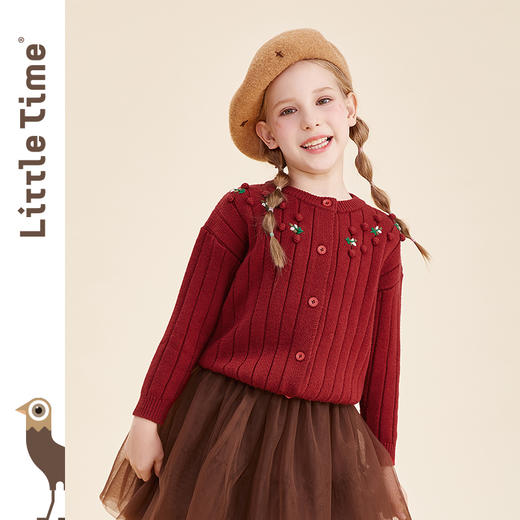 littletime女童毛衣开衫秋冬洋气红色针织外套2021新款儿童春秋装 商品图1