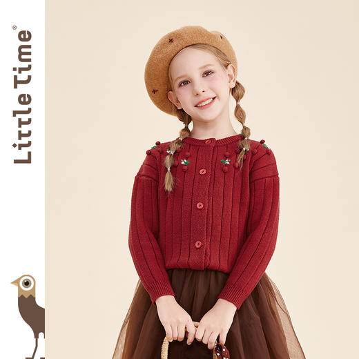 littletime女童毛衣开衫秋冬洋气红色针织外套2021新款儿童春秋装 商品图0
