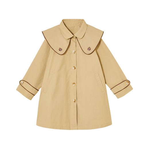 littletime女童中长款风衣 2021冬季新款简约绣花大翻领卡其外套 商品图4