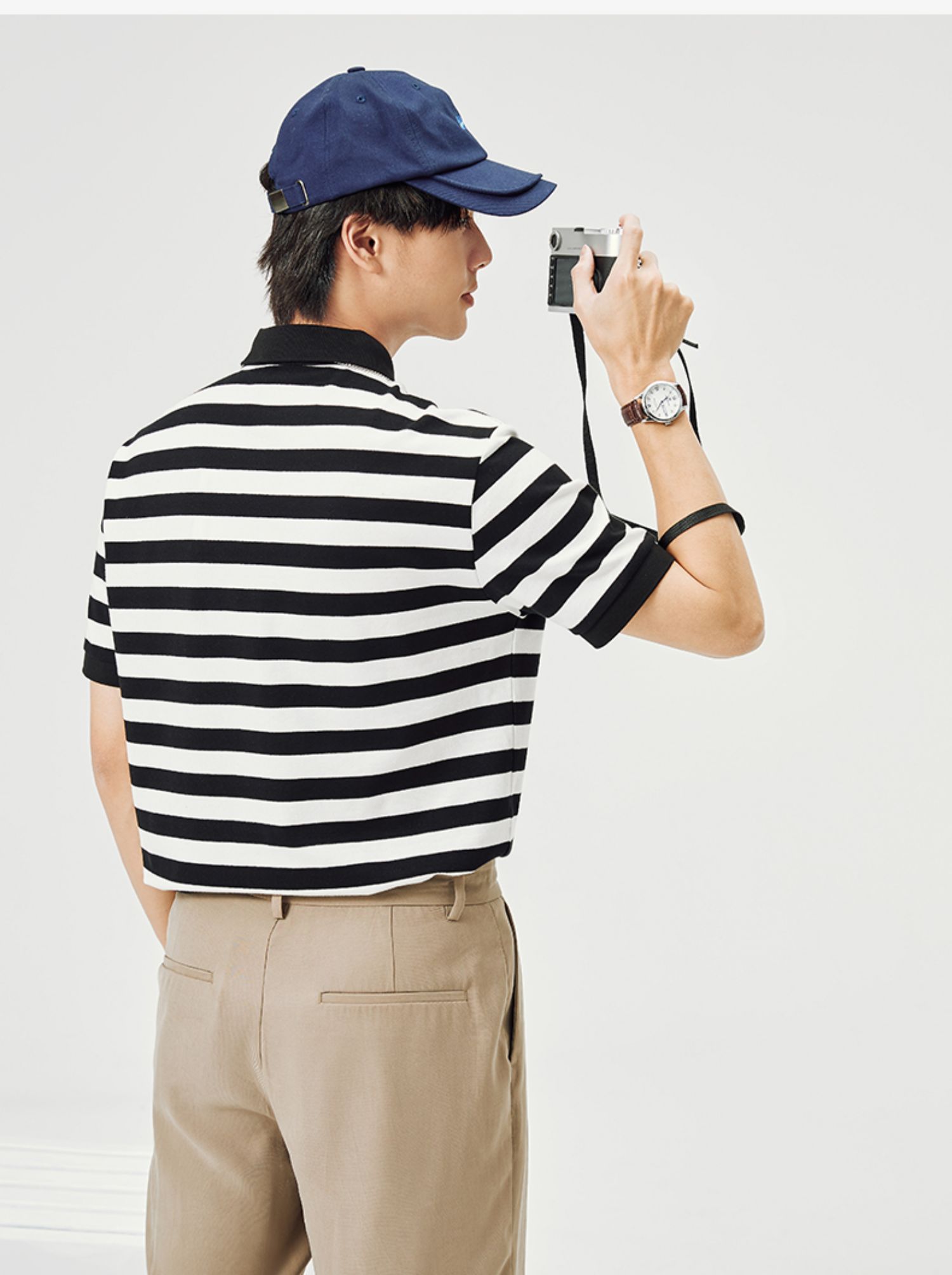 gentle/爵度春夏男款短袖polo衫黑白条纹宽松翻领t恤潮牌休闲商务上衣