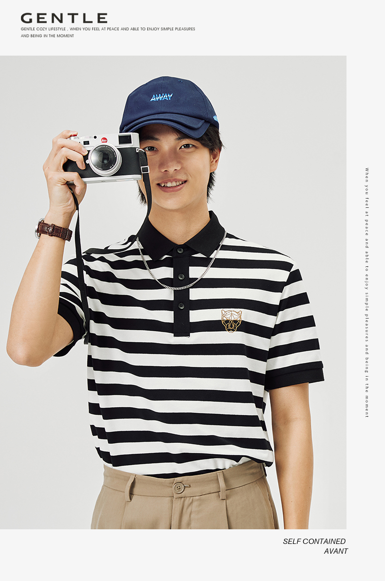 gentle/爵度春夏男款短袖polo衫黑白条纹宽松翻领t恤潮牌休闲商务上衣