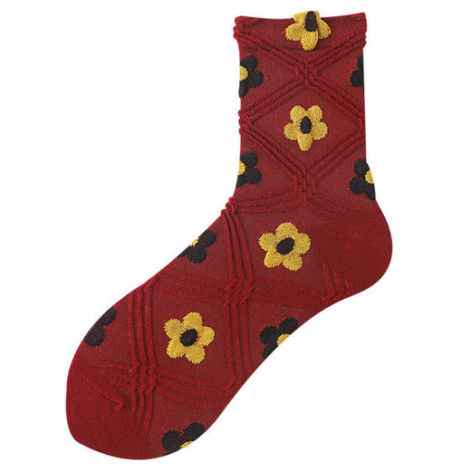 【泫雅风复古袜5双】秋冬百搭高弹花朵中筒袜 日韩街头潮袜可爱甜美棉袜 商品图4