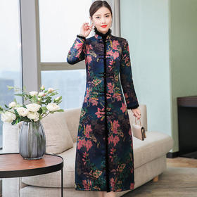 TZW-冬款加厚旗袍连衣裙女中国风毛领夹棉保暖唐装妈妈装外套