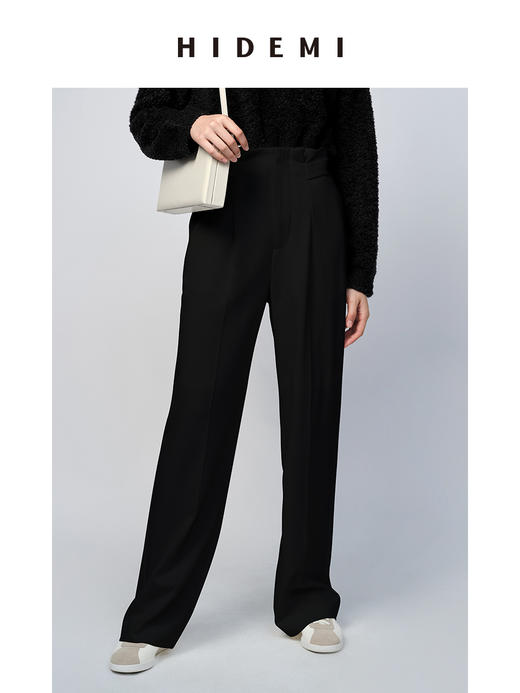 HIDEMI 简约腰部可调节花苞扣襻式斜纹厚款阔腿裤 商品图1