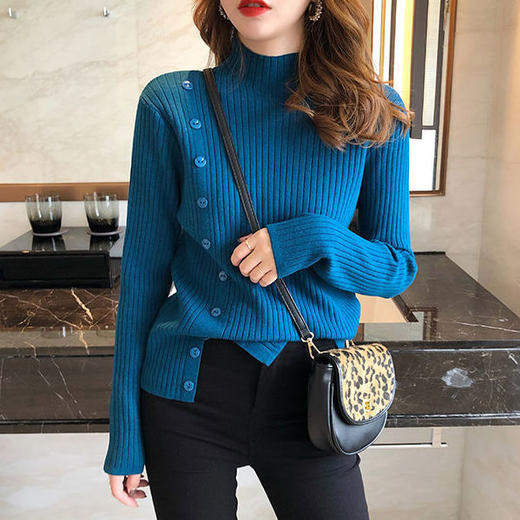 纽扣半高领打底衫女下摆开叉秋冬针织衫上衣外穿内搭毛衣 商品图0