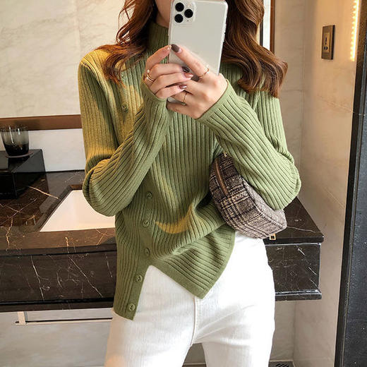 纽扣半高领打底衫女下摆开叉秋冬针织衫上衣外穿内搭毛衣 商品图2