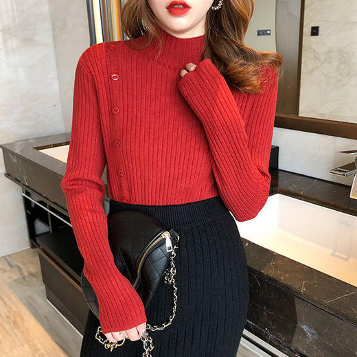 纽扣半高领打底衫女下摆开叉秋冬针织衫上衣外穿内搭毛衣 商品图4